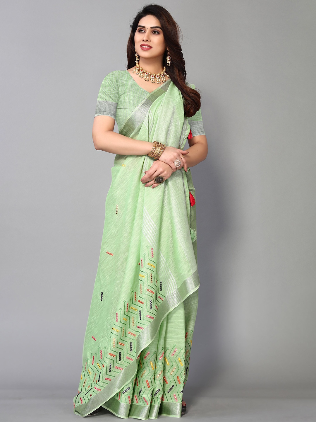 

VIRICA Zari Poly Chiffon Saree, Green