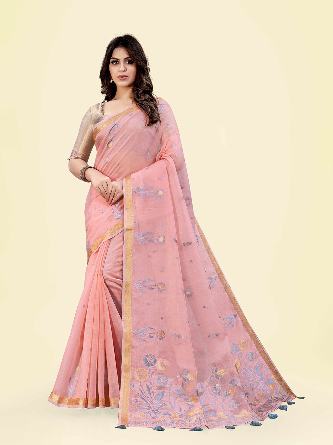 

SARHA Ethnic Motifs Printed Woven Design Zari Pure Cotton Saree, Pink