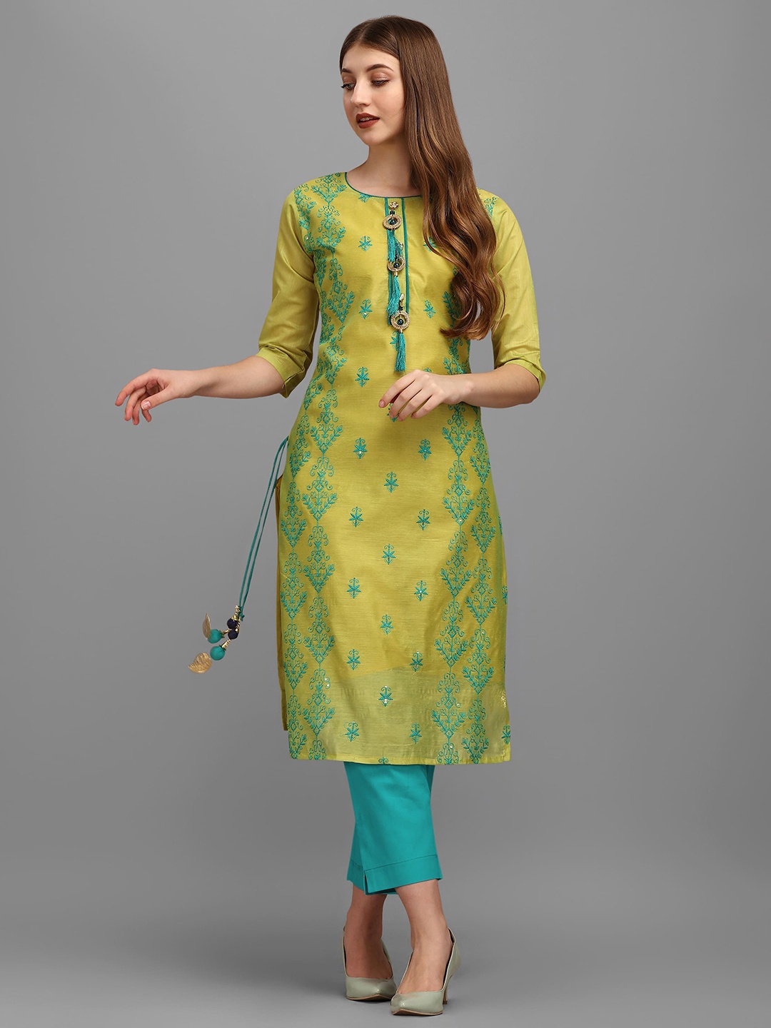 

CLIW Ethnic Motifs Embroidered Kurta, Lime green