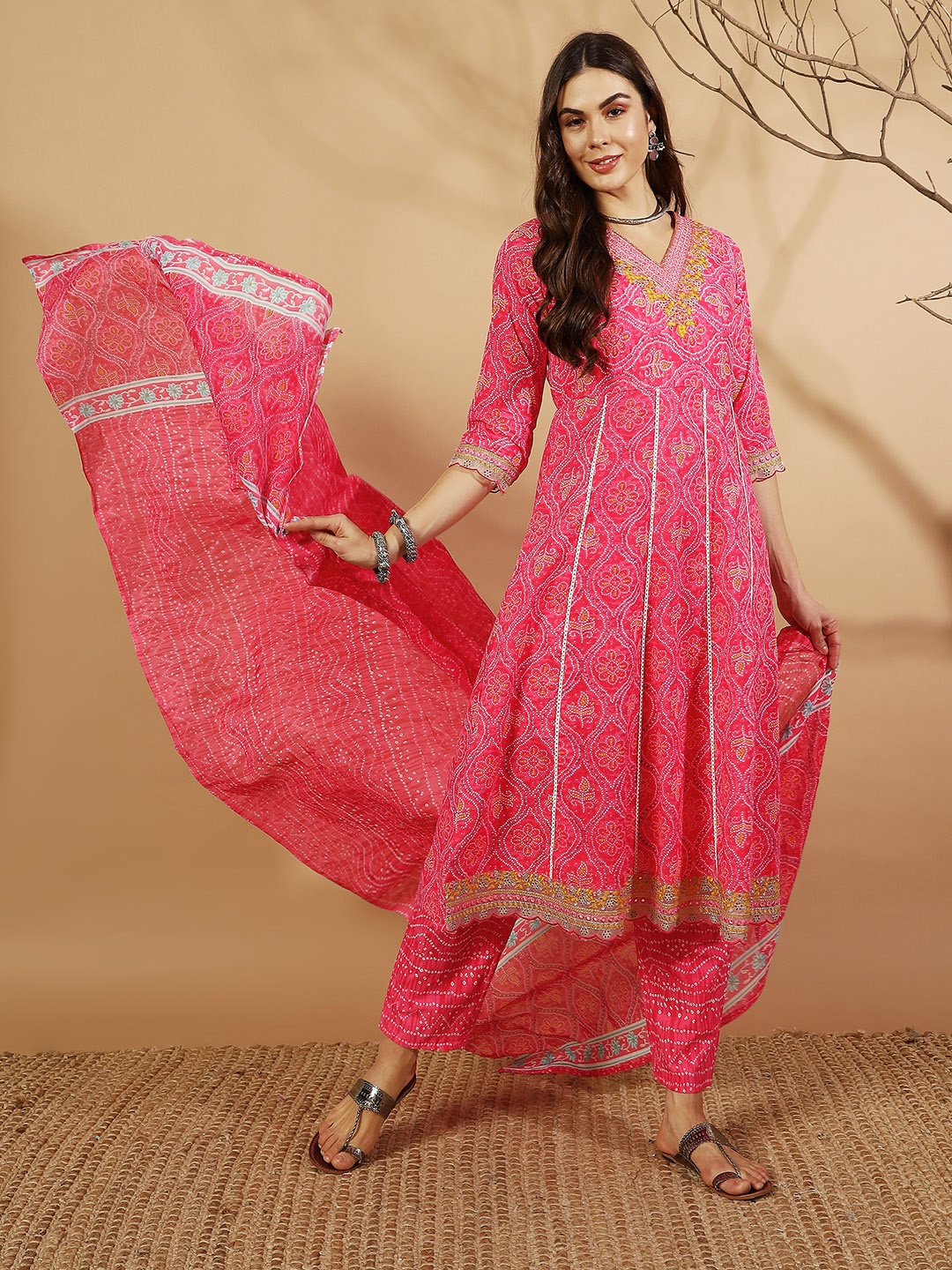 

IkDaiya Bandhani Printed Thread Work Pure Cotton Anarkali Kurta With Trousers & Dupatta, Pink