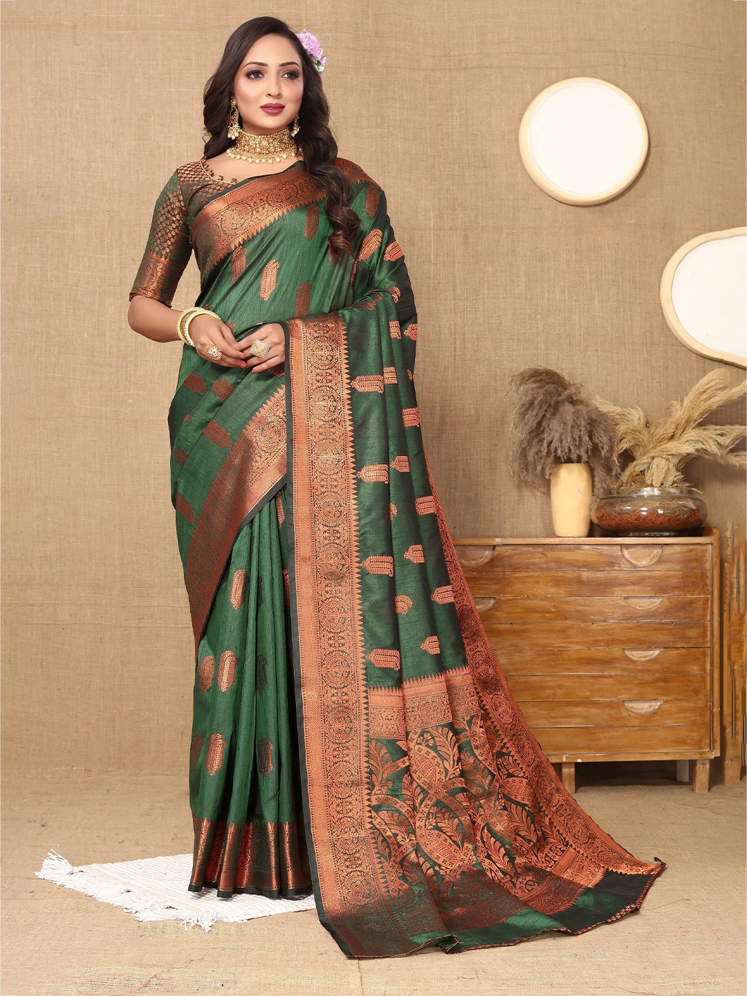 

Zeekha Woven Design Zari Pure Silk Kanjeevaram Saree, Green