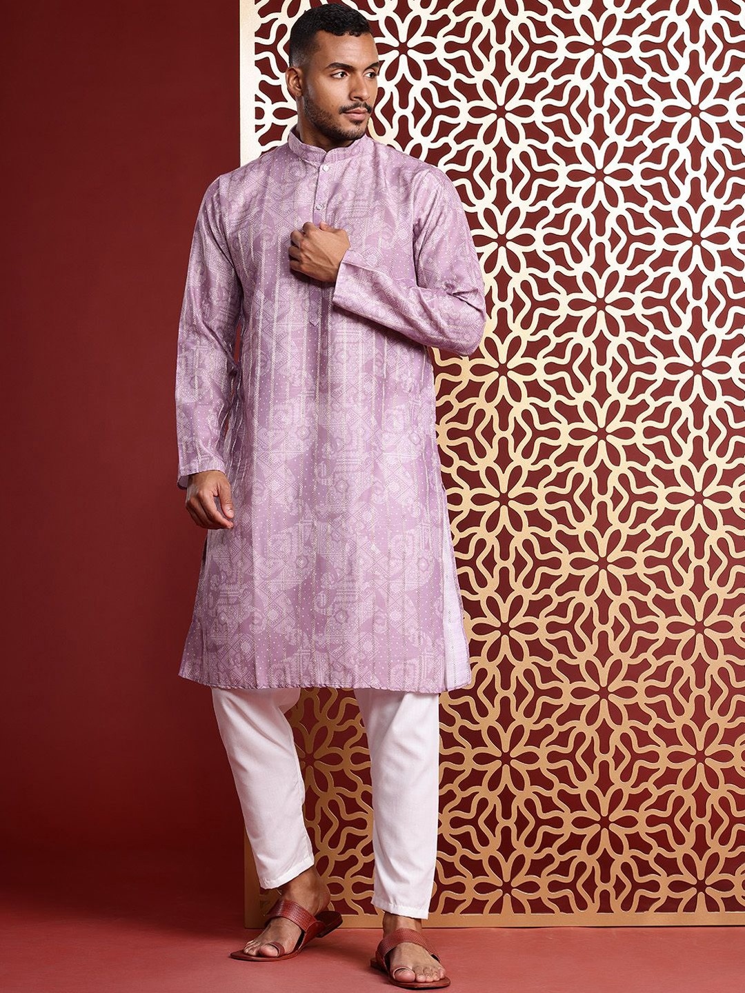 

MANQ Ethnic Motifs Printed Zari Work Mandarin Collar Pure Cotton Straight Kurta, Mauve