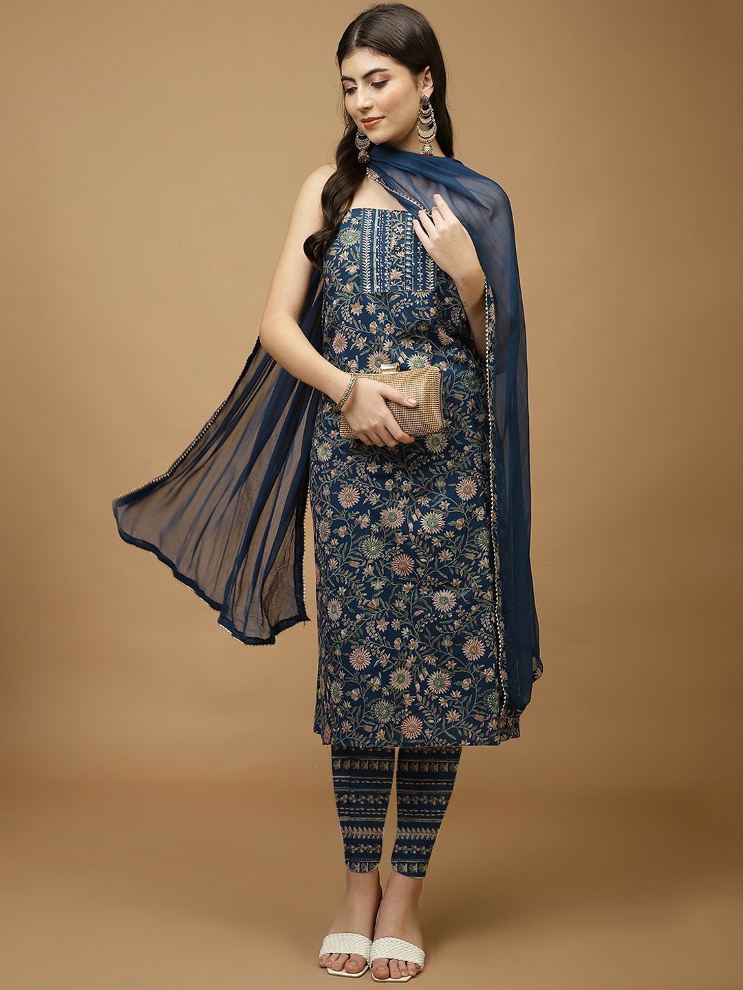 

Meena Bazaar Printed Unstitched Dress Material, Navy blue