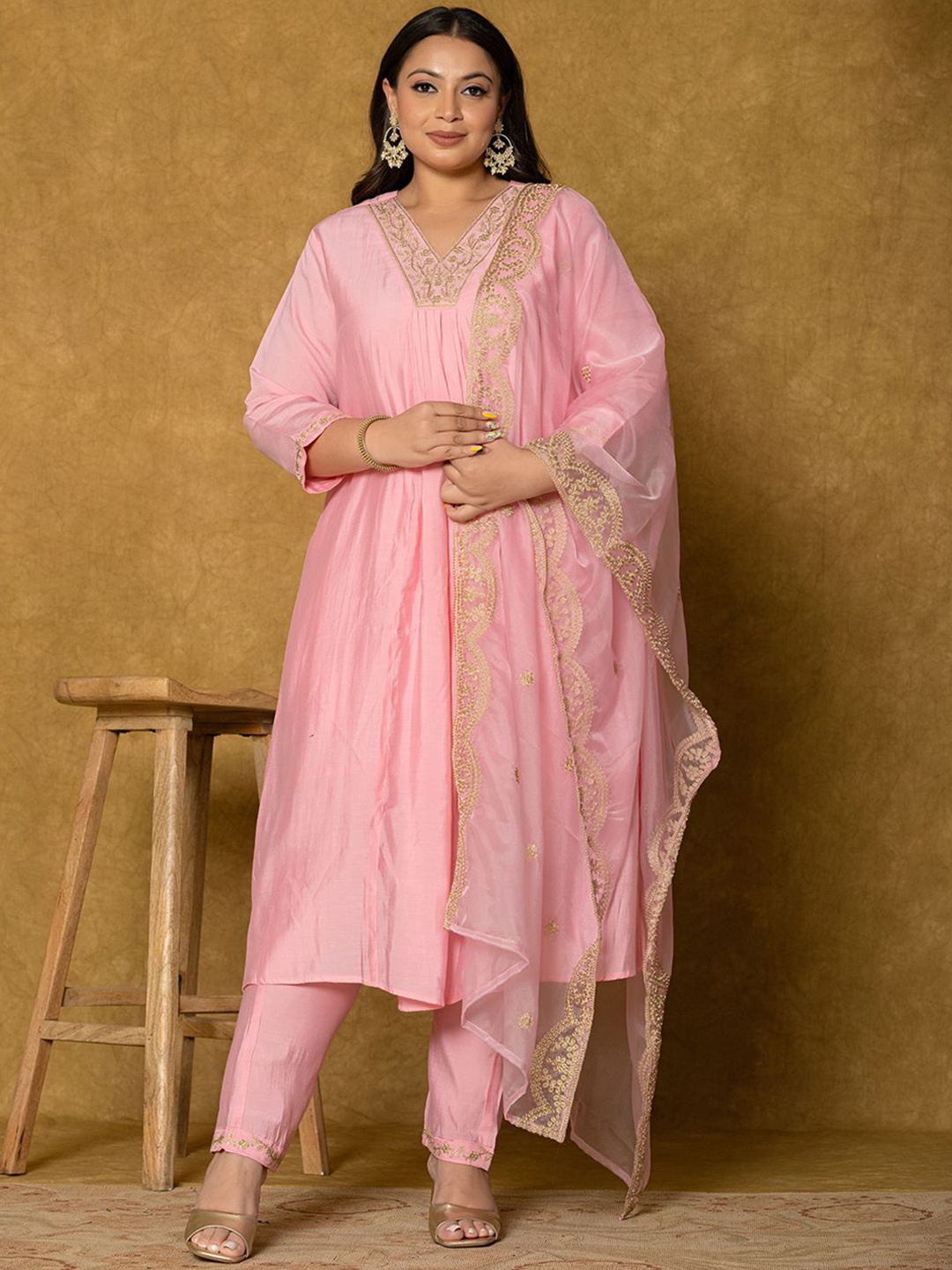 

Yufta Plus Size Floral Yoke Design Thread Work A-Line Kurta With Trousers & Dupatta, Pink