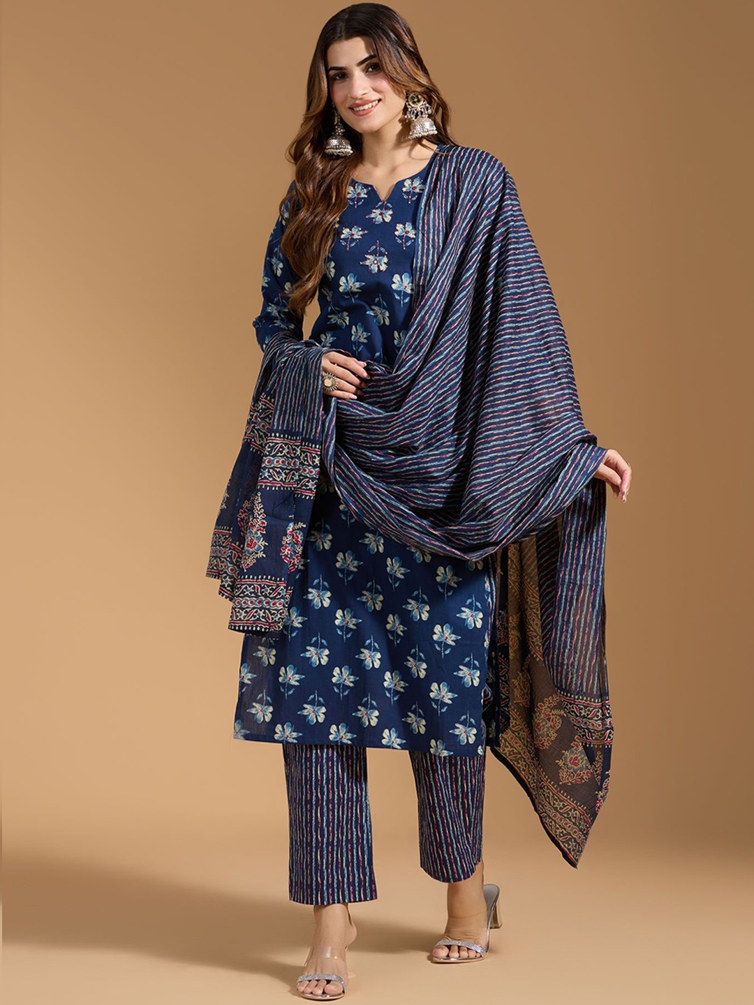 

KAVINDI Floral Printed Notch Neck Pure Cotton Straight Kurta With Trousers & Dupatta, Blue