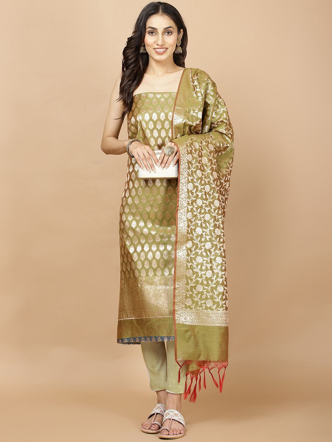 

Meena Bazaar Floral Woven Design Art Silk Unstitched Dress Material, Green