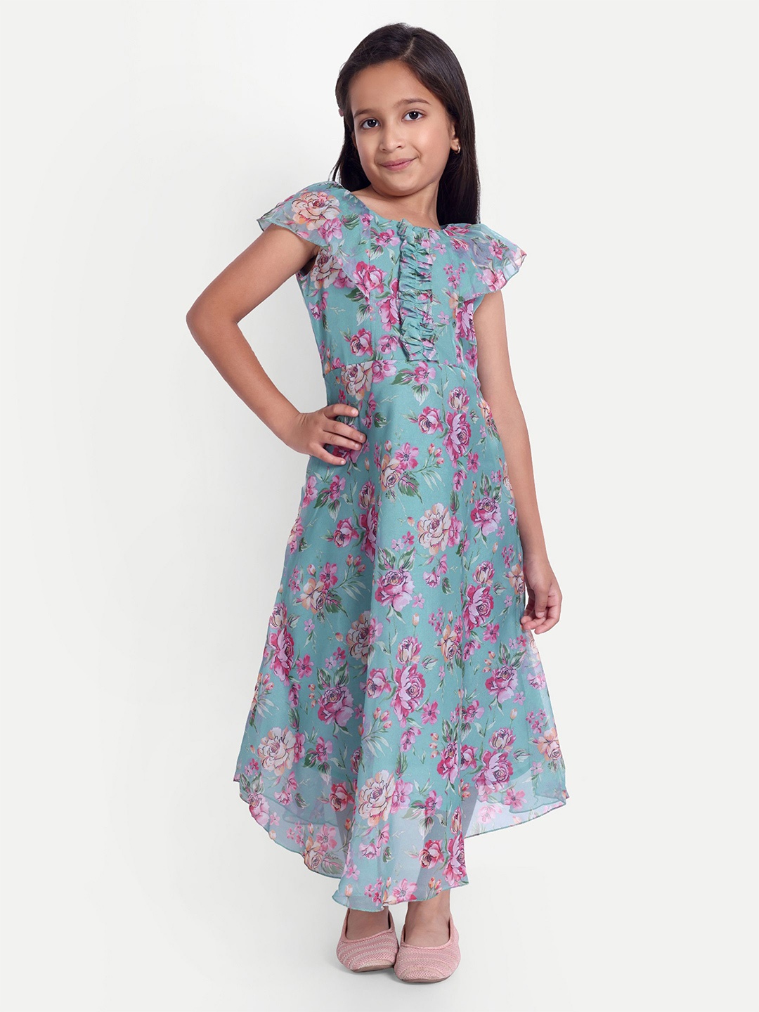 

FEBVIBE Girls Floral Print Flutter Sleeve Maxi Dress, Sea green