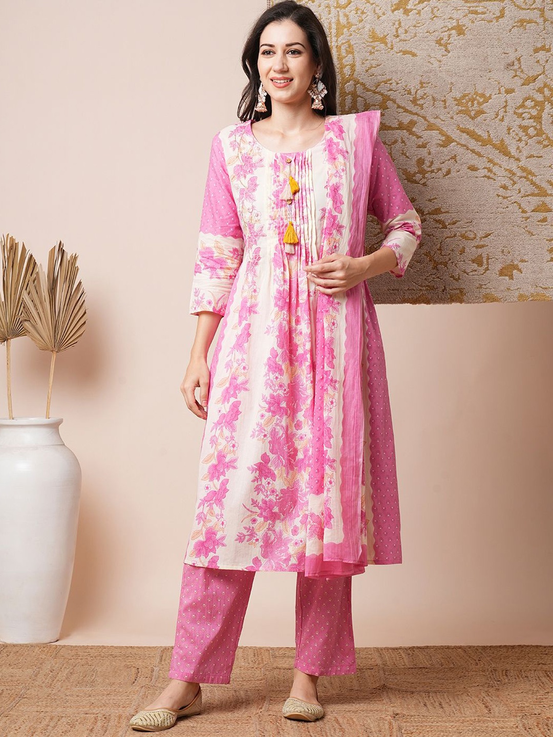 

FASHOR Women Ethnic Motifs Printed Pleated Beads and Stones Pure Cotton Kurta with Trousers & With Dupatta, Off white