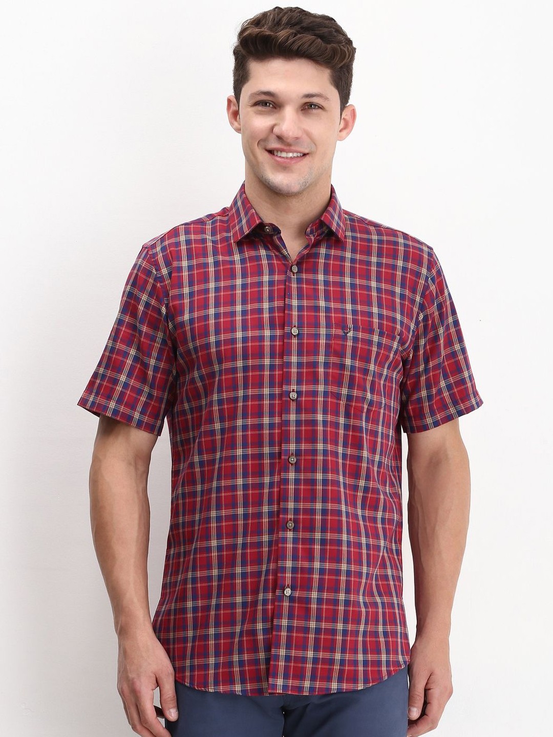 

Allen Solly Men Spread Collar Tartan Checked Cotton Slim Fit Casual Shirt, Red