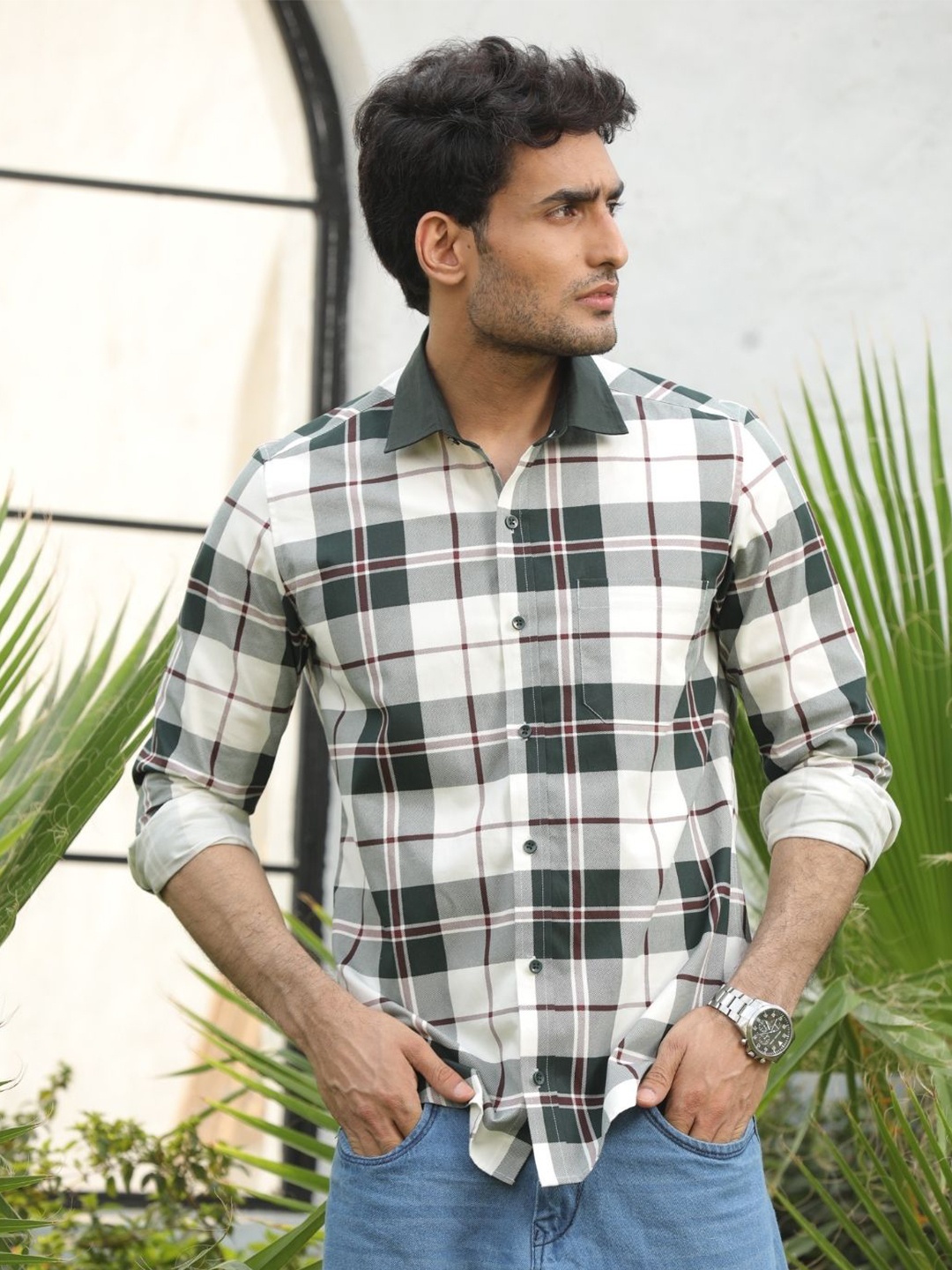 

PERCH Men India Slim Spread Collar Tartan Checked Cotton Casual Shirt, Green