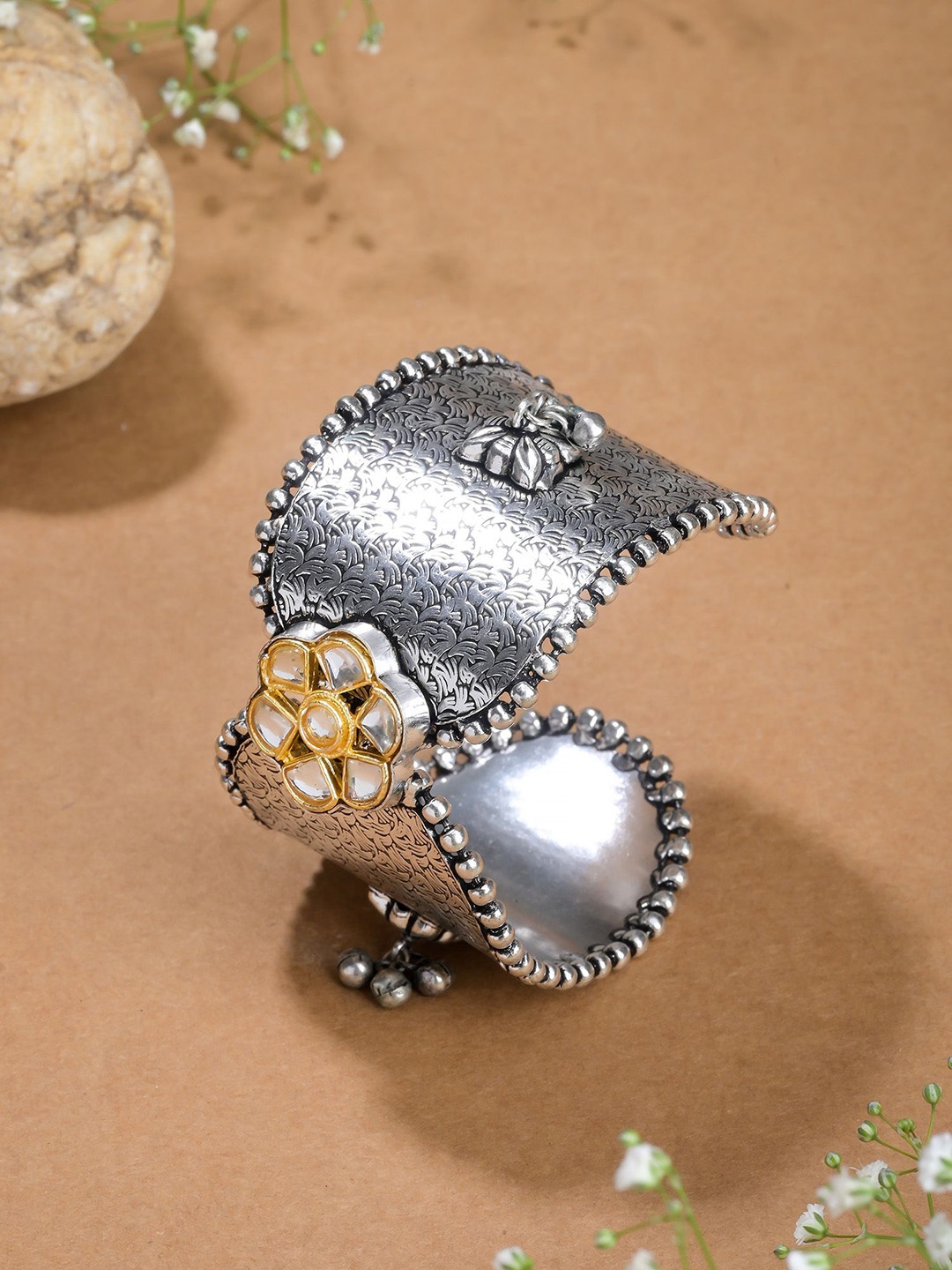 

Designbox Women Kundan Oxidised Cuff Bracelet, Silver