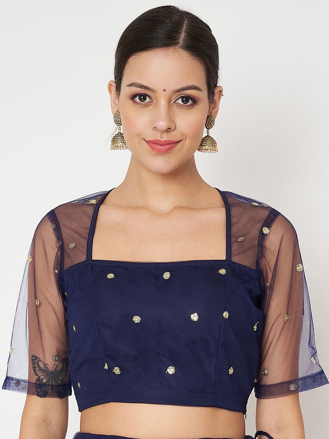 

studio rasa Embroidered Ethnic Net Crop Top, Blue