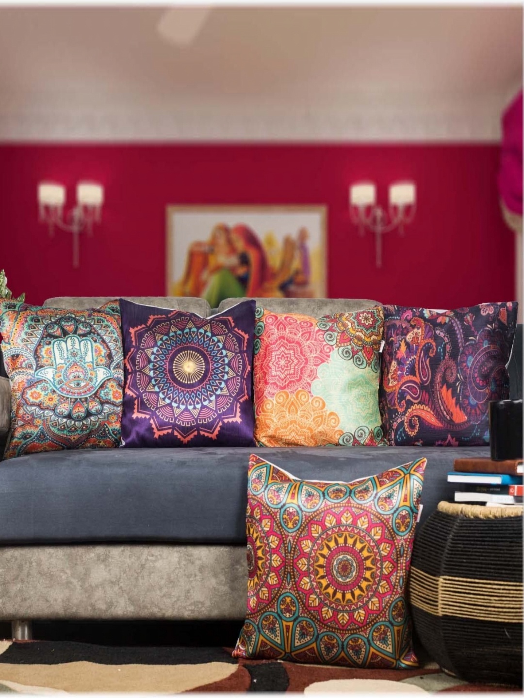 

Vendola Red & Green 5 Pieces Ethnic Motifs Satin Square Cushion Covers