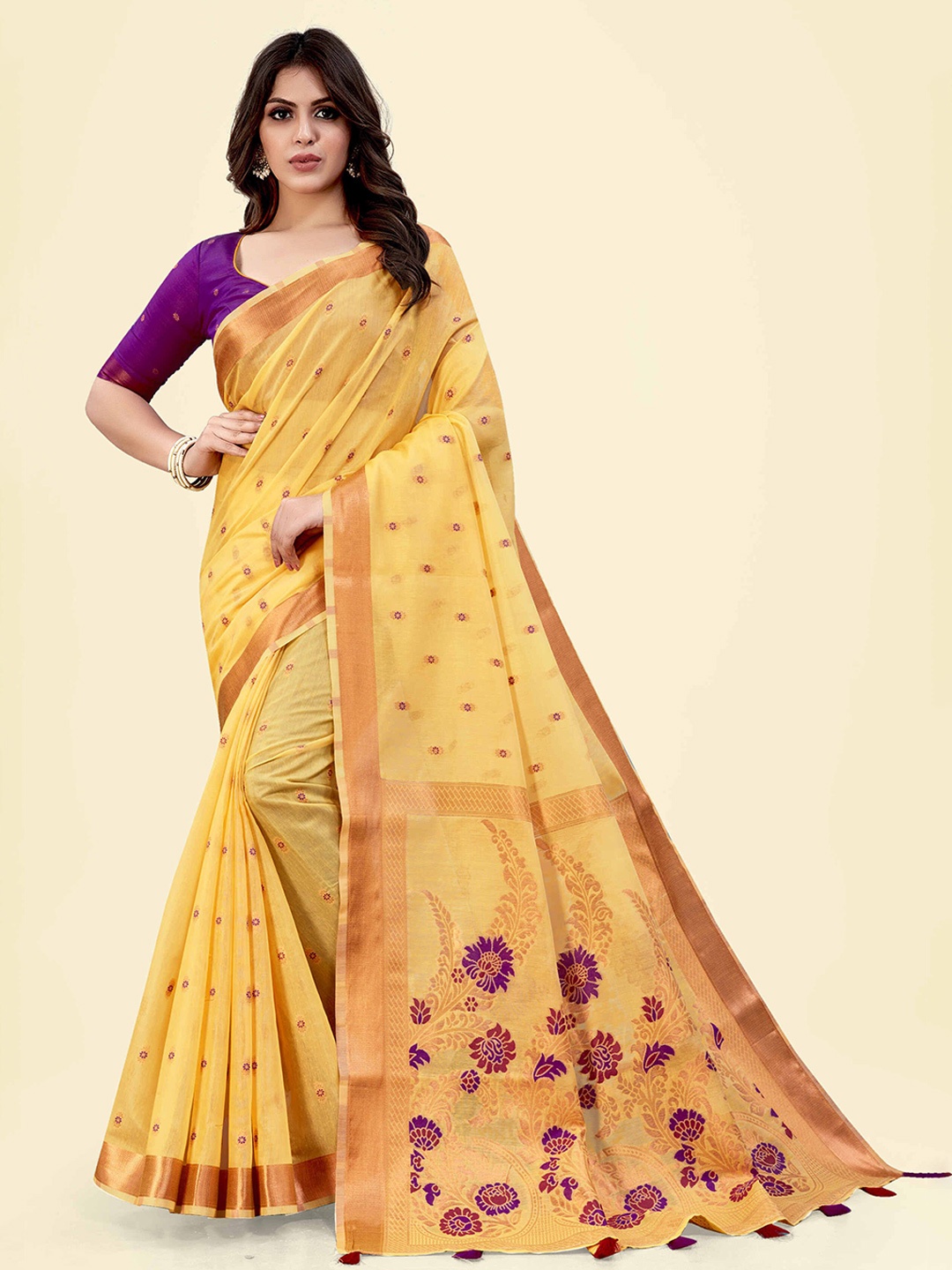 

SARHA Woven Design Zari Pure Cotton Saree, Yellow