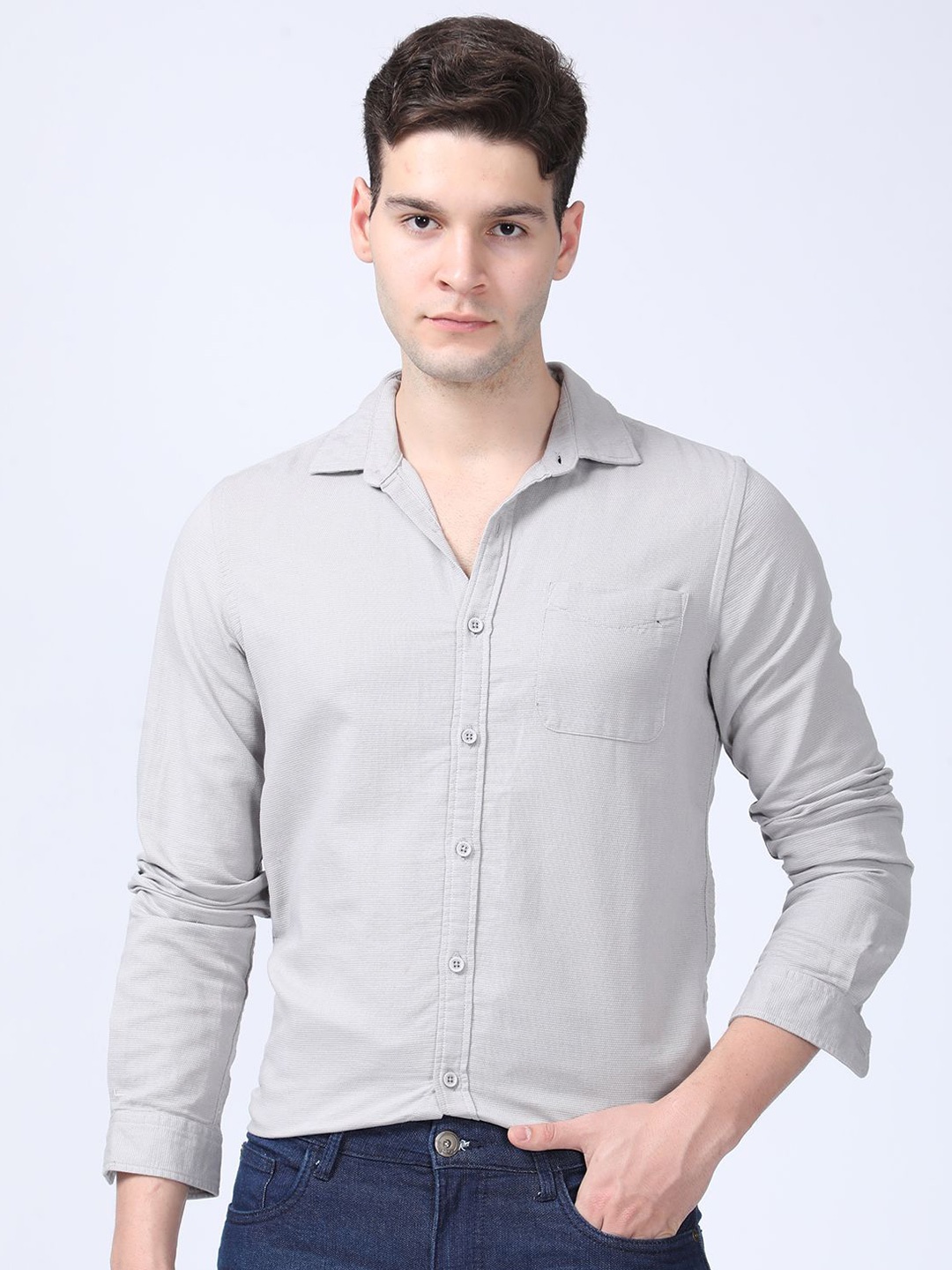 

POE Men Smart Slim Fit Opaque Casual Shirt, Grey
