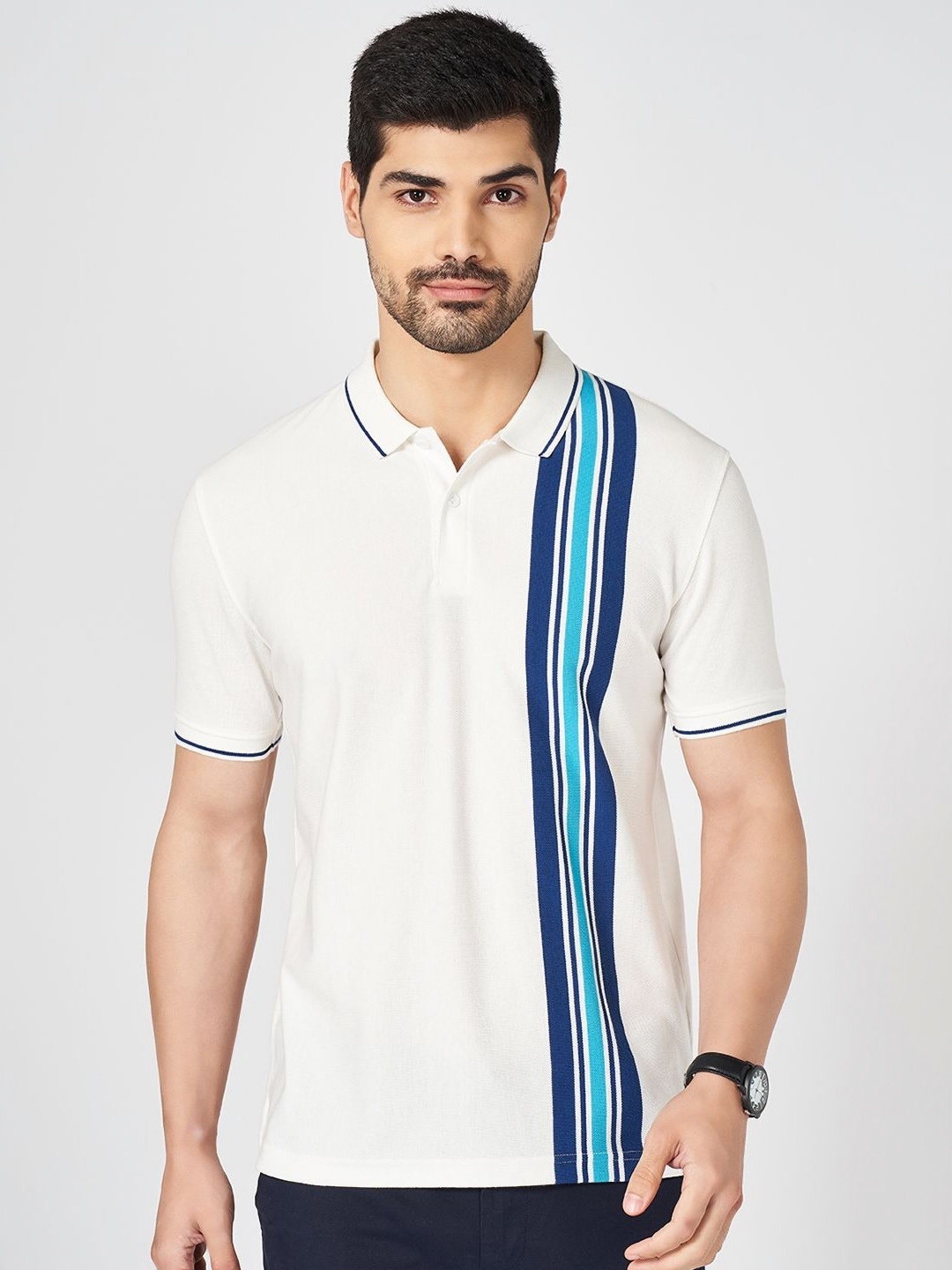 

BYFORD by Pantaloons Men Striped Polo Collar Cotton Slim Fit T-shirt, White