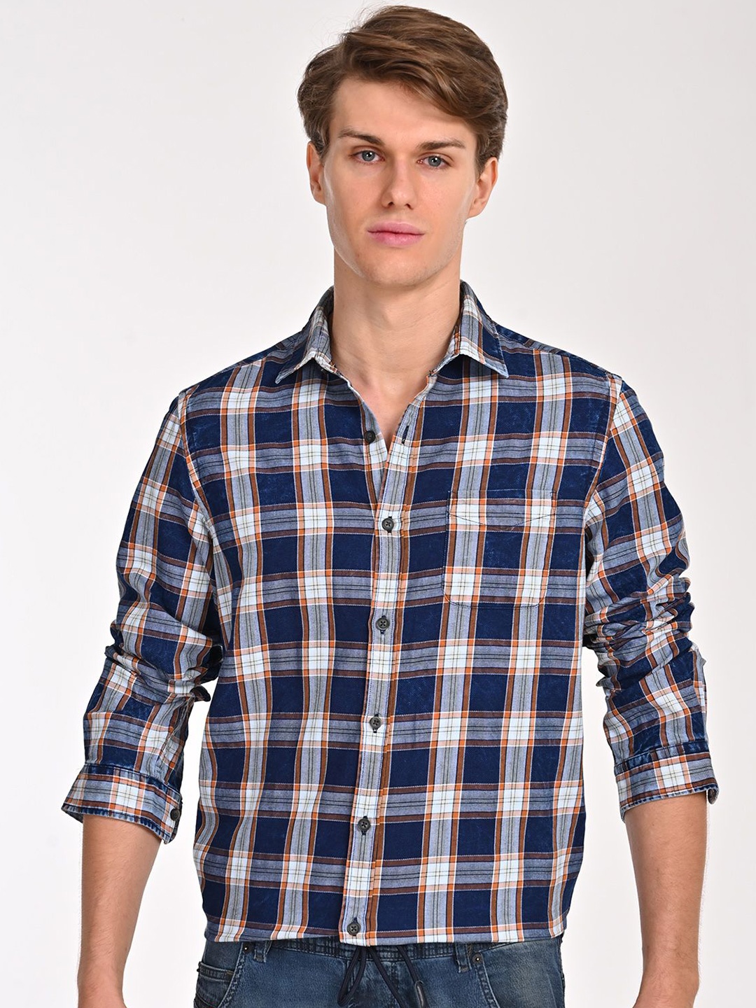 

POE Men Smart Slim Fit Tartan Checks Opaque Checked Casual Shirt, Orange