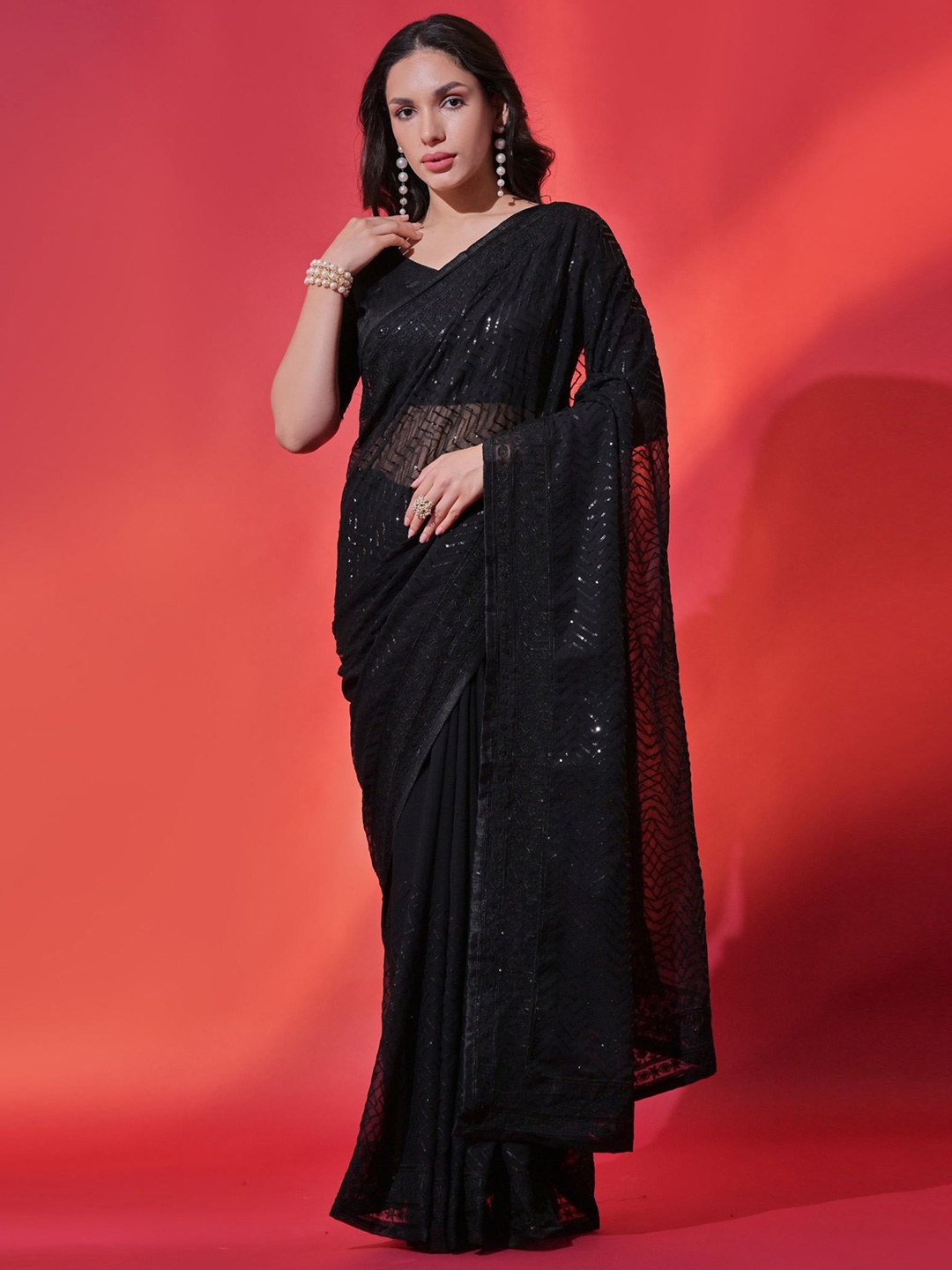 

Mitera Embellished Sequinned Saree, Black