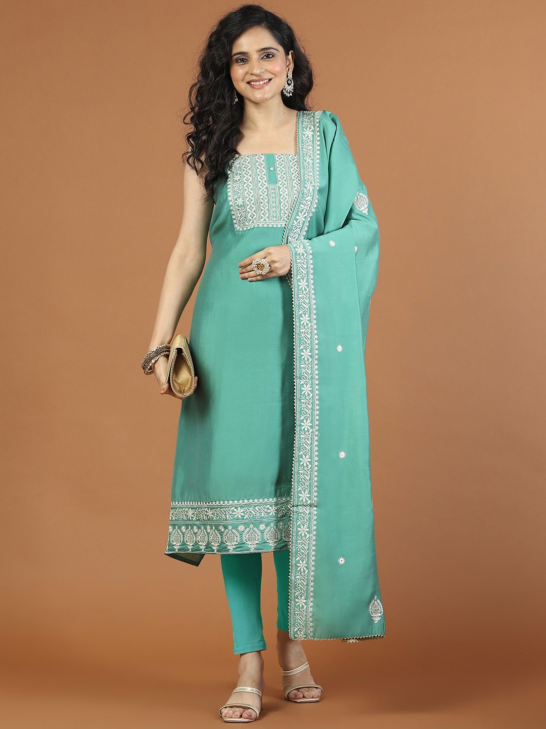 

Meena Bazaar Embroidered Art Silk Unstitched Dress Material, Sea green