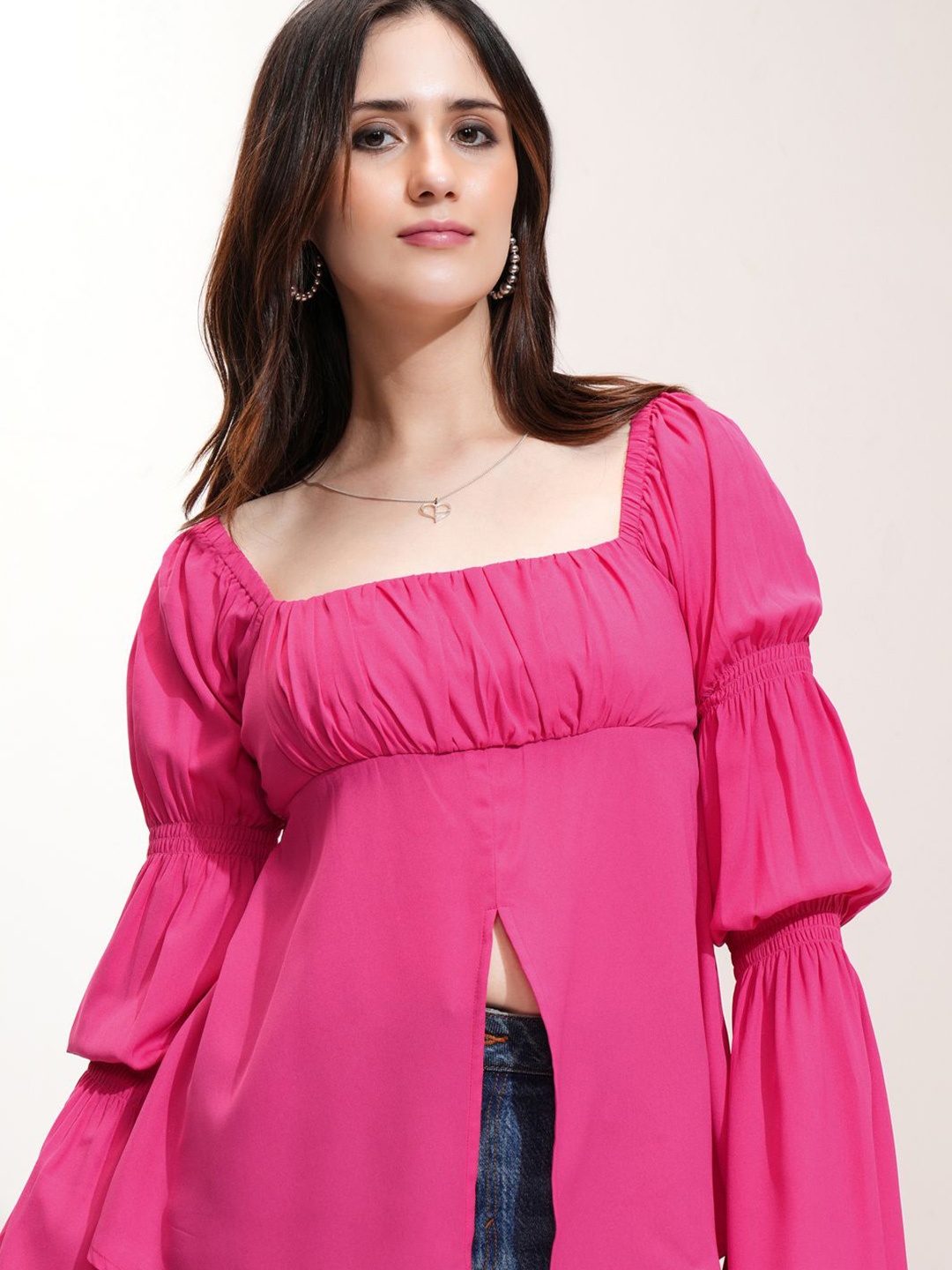 

Tokyo Talkies Women Solid Square Neck Top, Pink