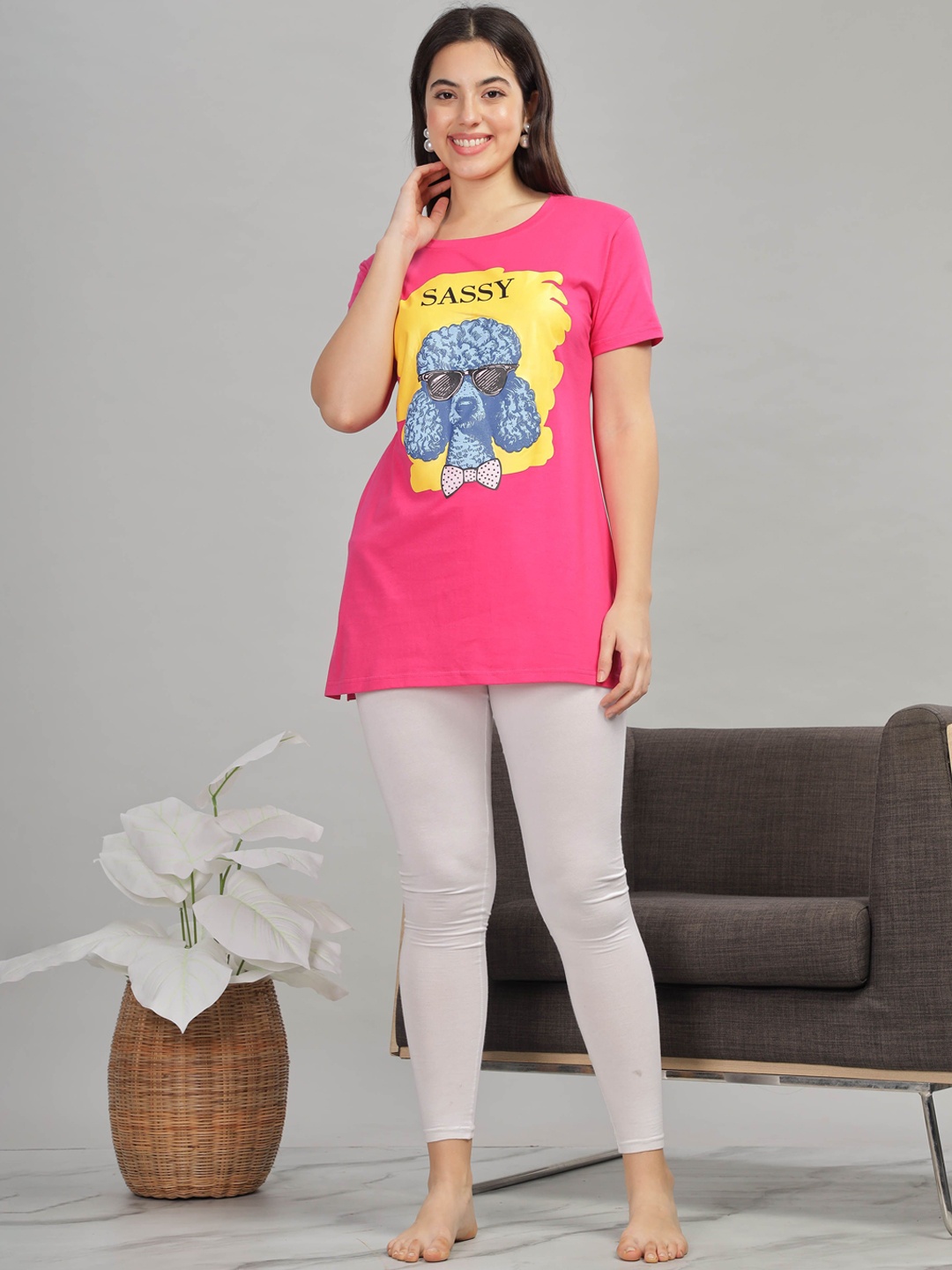 

9shines Label Women Printed Cotton Lounge Tshirt, Pink