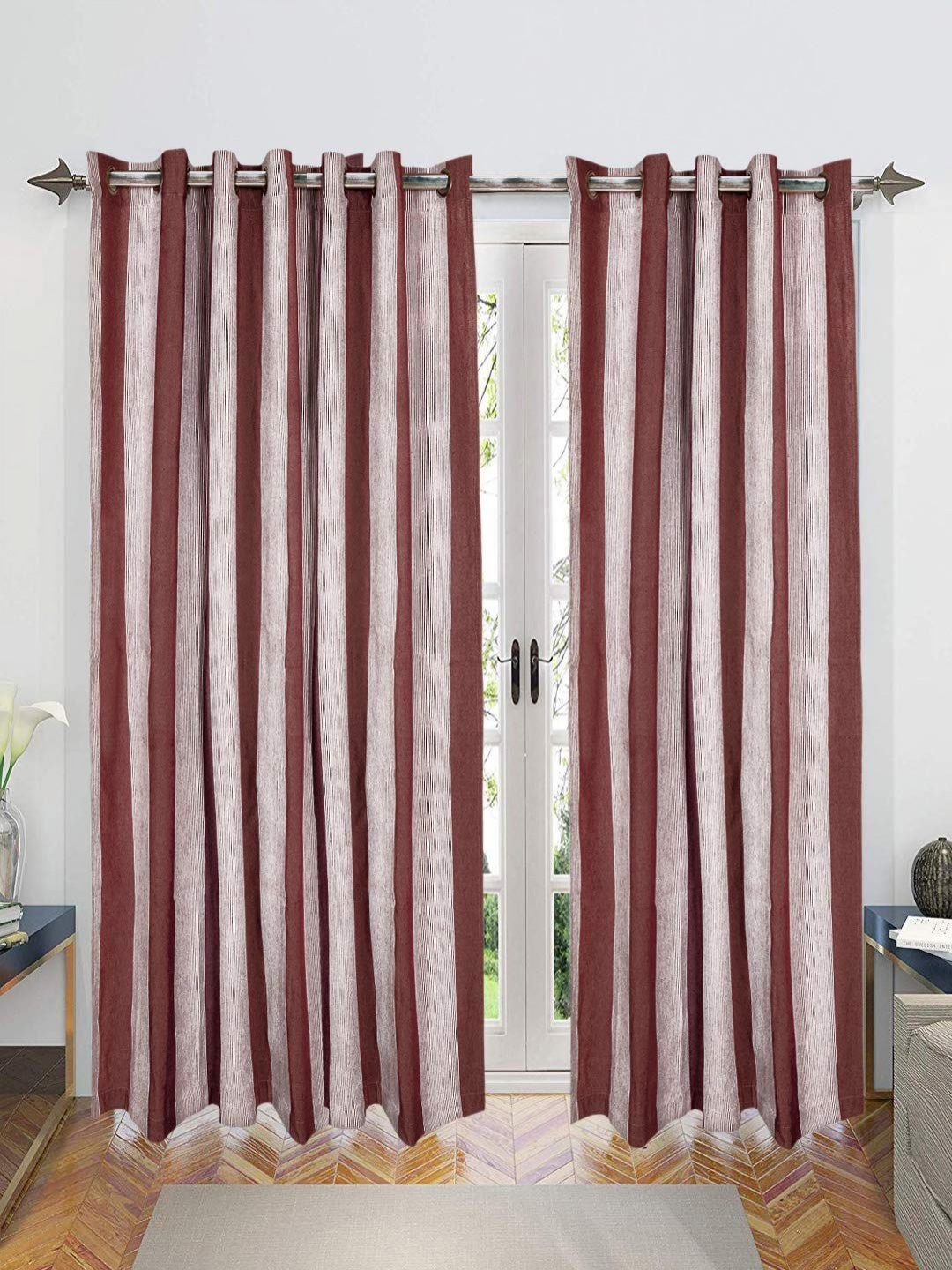 

Saral Home Maroon & Off White 2 Pieces Striped Cotton Room Darkening Long Door Curtains