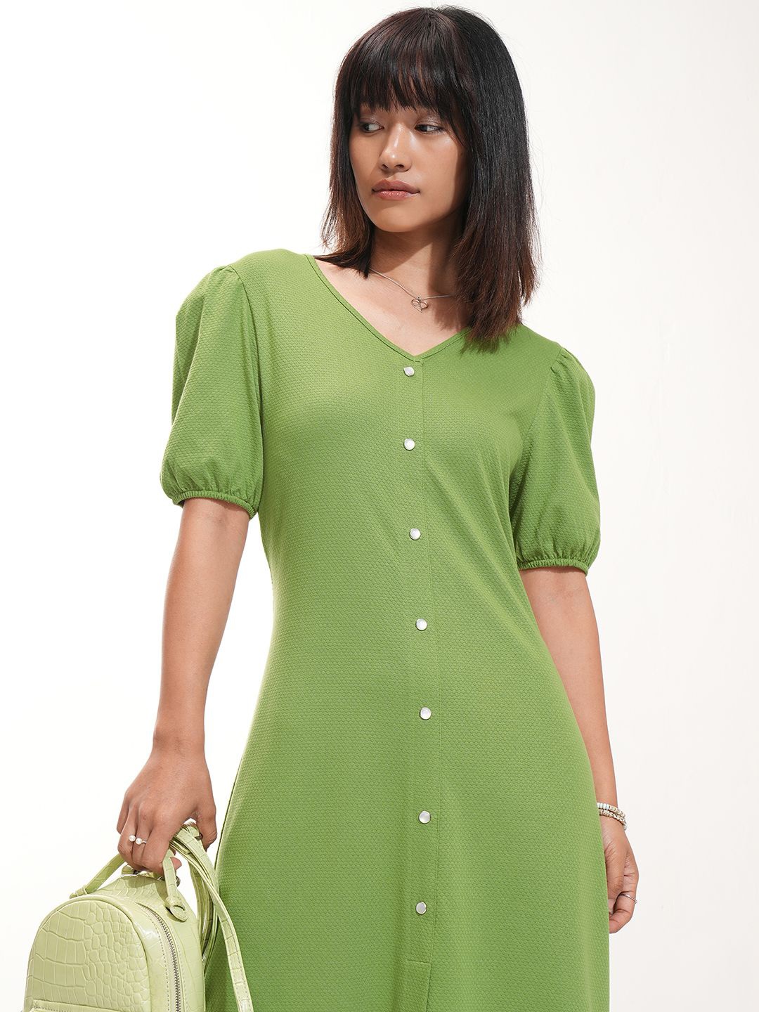 

Tokyo Talkies Women Puff Sleeve A-Line Dress, Green