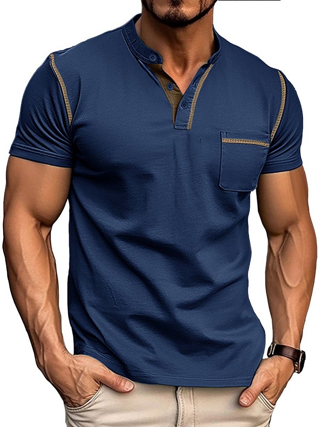 

StyleCast x Revolte Men Solid Henley Neck Cotton T-shirt, Blue