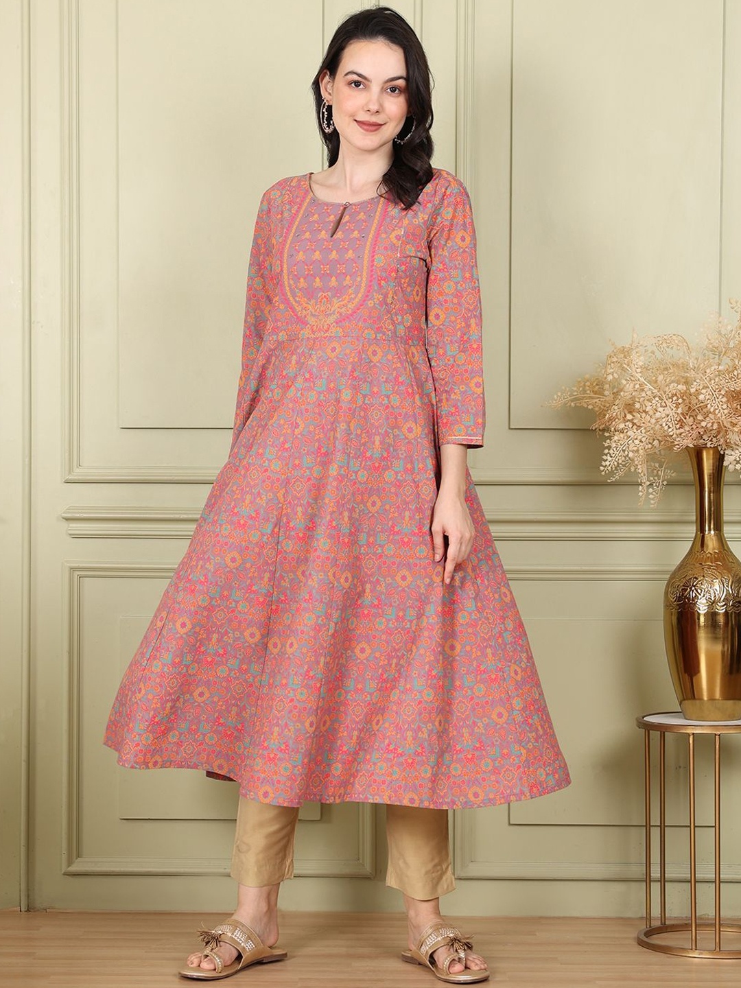 

W Women Floral Printed Flared Sleeves Sequinned Anarkali Kurta, Magenta