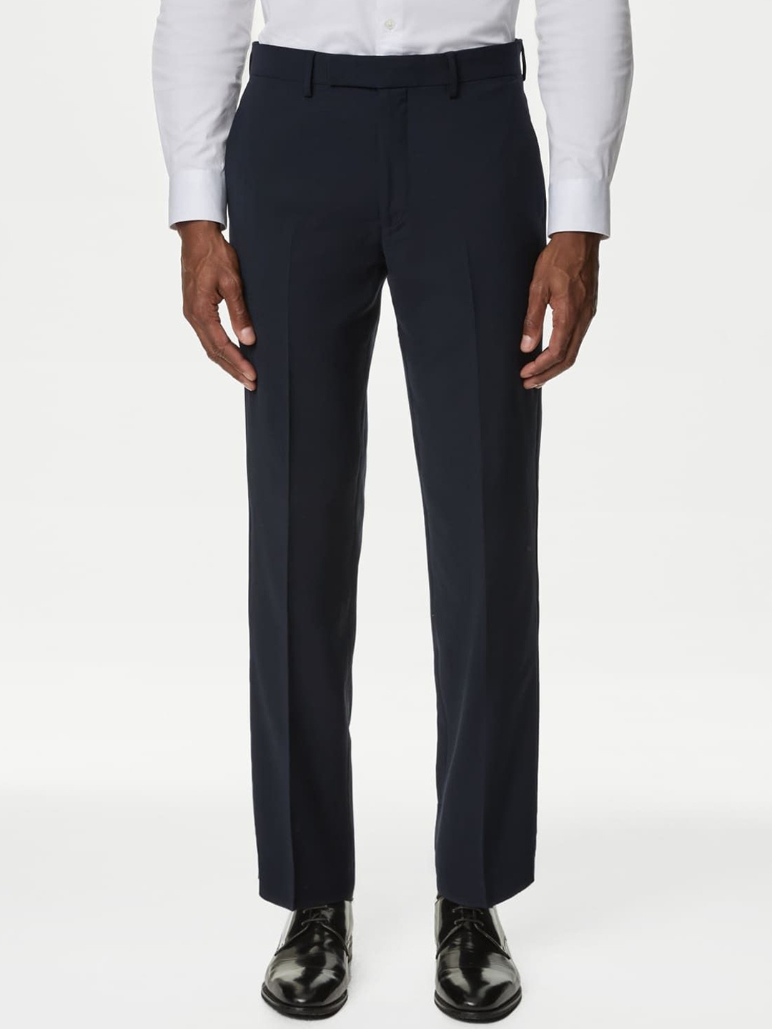

Marks & Spencer Men Solid Mid-Rise Tapered Fit Formal Trousers, Navy blue