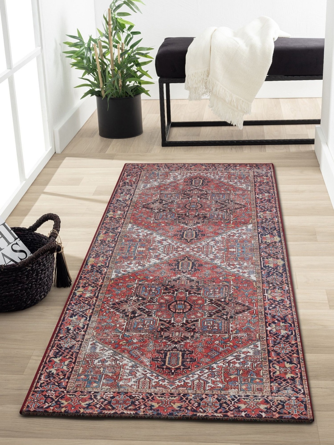 

OBSESSIONS Navy Blue & Rust Brown Colored Ethnic Printed Water Repellent Bedside Runner