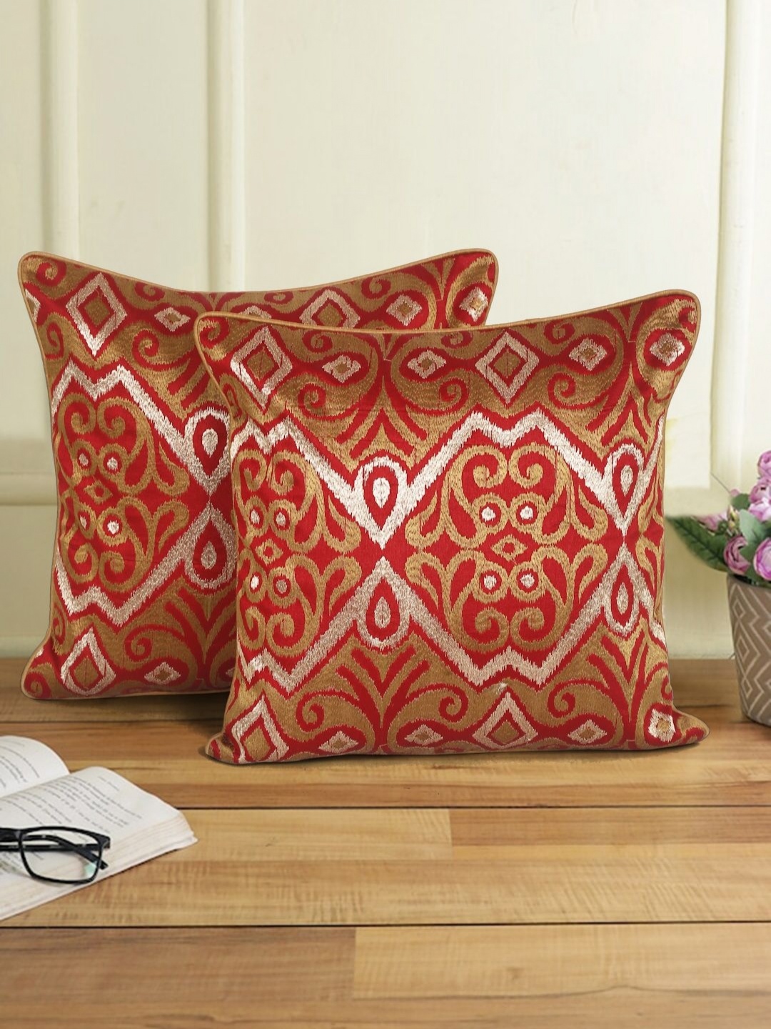 

eyda Red & Gold Toned 2 Pieces Ethnic Motifs Square Cushion Covers