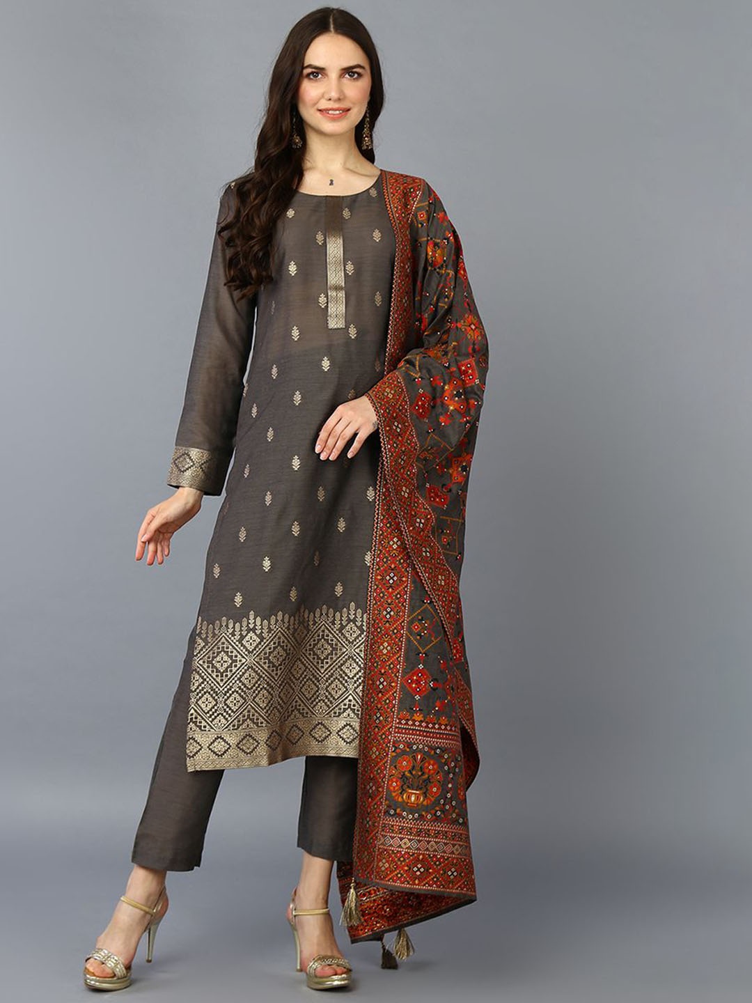 

KALINI Women Regular Kurta with Trousers & With Dupatta, Grey