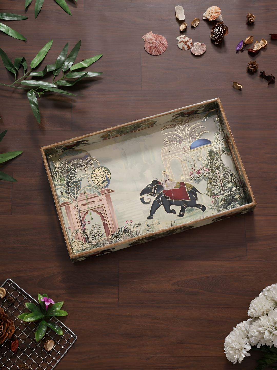 

HomeShastra Royal Elephant Brown & Beige Printed Wooden Easy To Clean Serving Tray