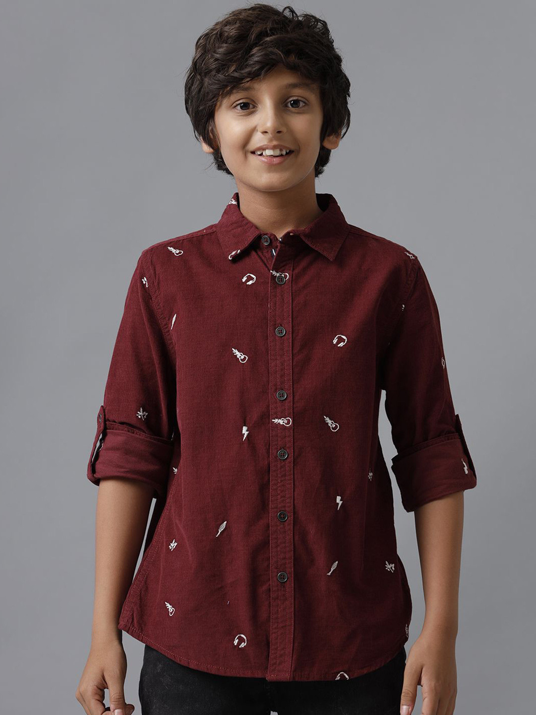 

UNDER FOURTEEN ONLY Boys Spread Collar Conversational Printed Cotton Casual Shirt, Maroon