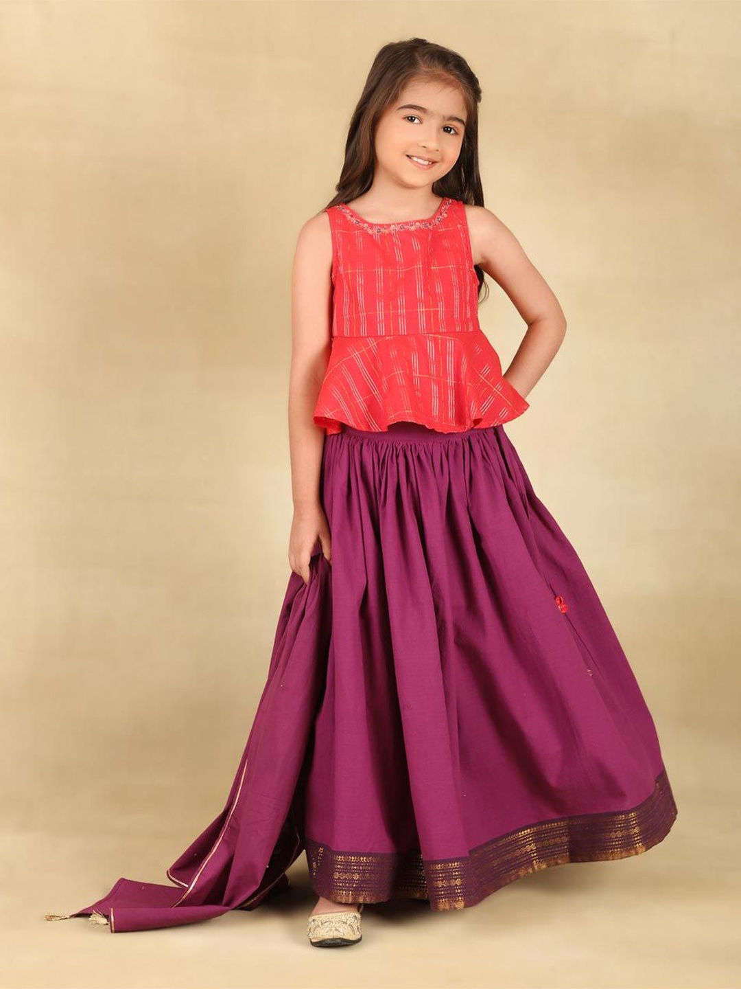 

Fabindia Girls Printed Ready to Wear Lehenga & Blouse With Dupatta, Purple