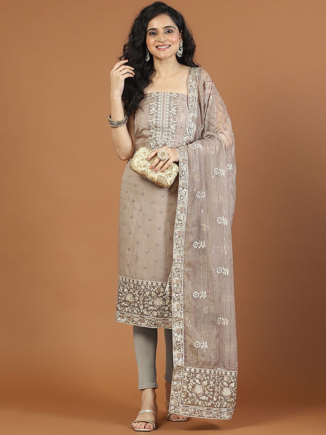 

Meena Bazaar Embroidered Organza Unstitched Dress Material, Beige