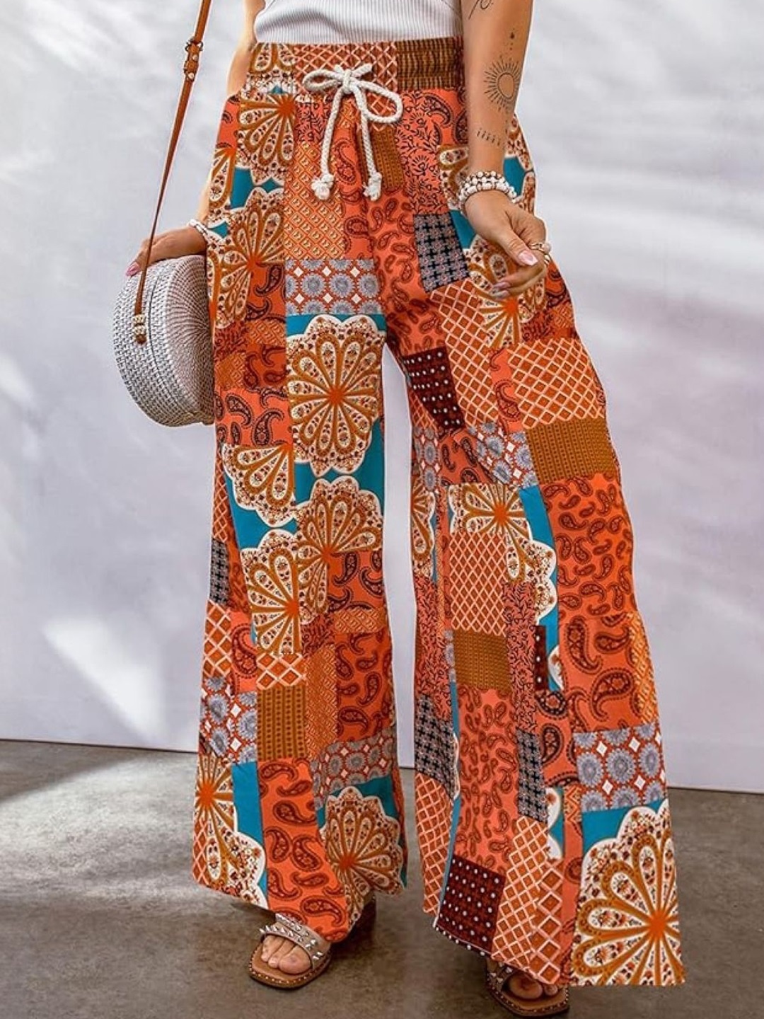 

KPOP Women Ethnic Motifs Printed Relaxed Loose Fit Trousers, Orange