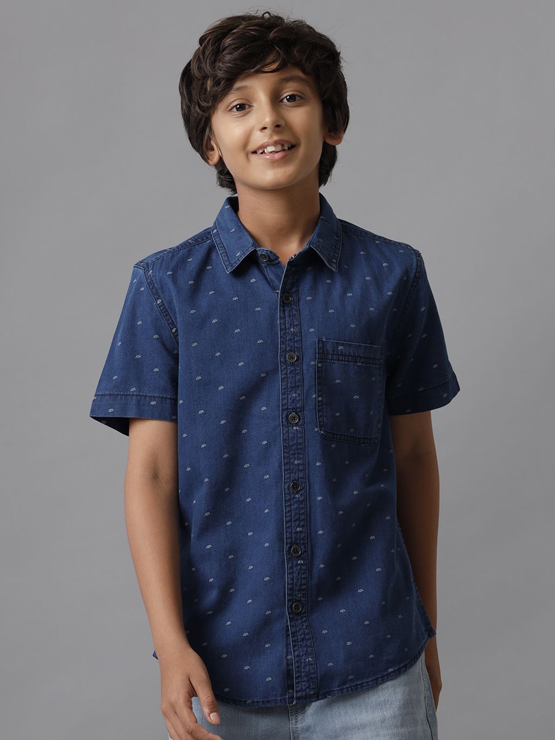 

UNDER FOURTEEN ONLY Boys Spread Collar Conversational Printed Cotton Casual Shirt, Blue