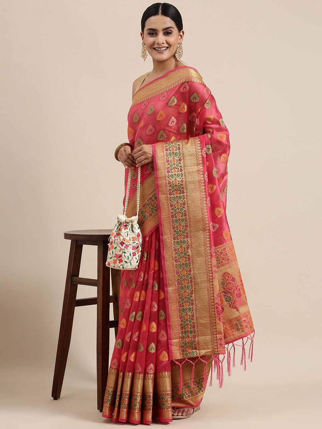 

MAHALASA Ethnic Motifs Zari Organza Kanjeevaram Saree, Pink