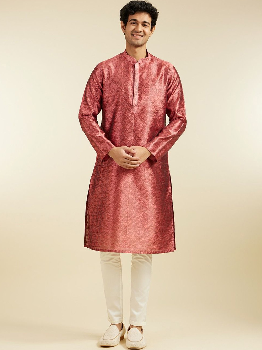 

Diwas by Manyavar Ethnic Motifs Embroidered Mandarin Collar Sequinned Straight Kurta, Rust