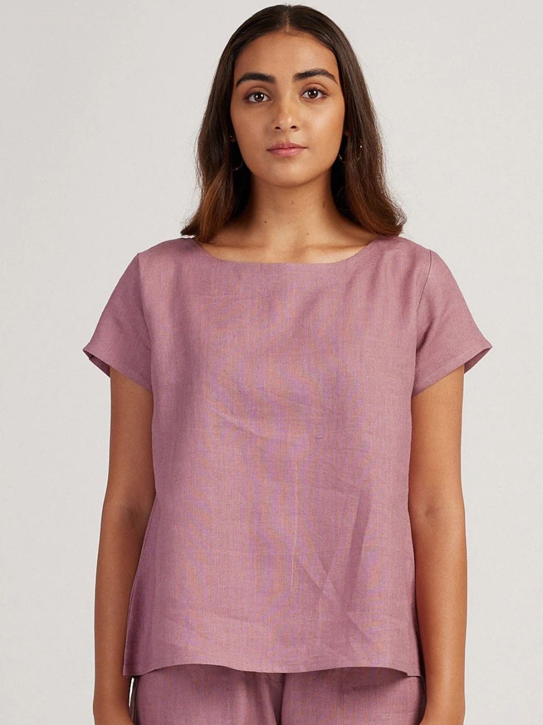 

Creatures of Habit Women Linen Co-ord Set with Boat Neck Top and Easy Pants, Pink
