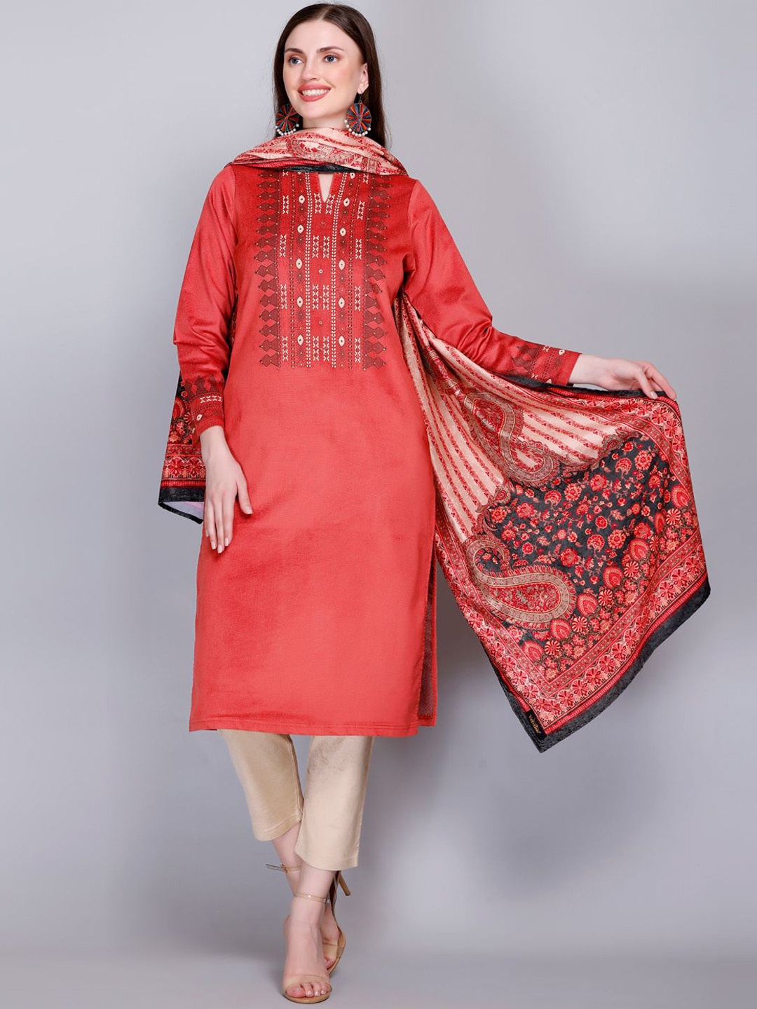 

Trooika Ethnic Motifs Printed Velvet Straight Kurta with Trousers & With Dupatta, Orange