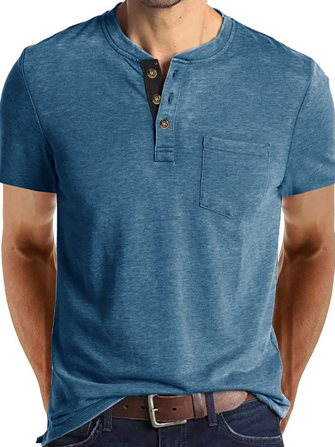 

StyleCast x Revolte Men Solid Henley Neck T-shirt, Blue