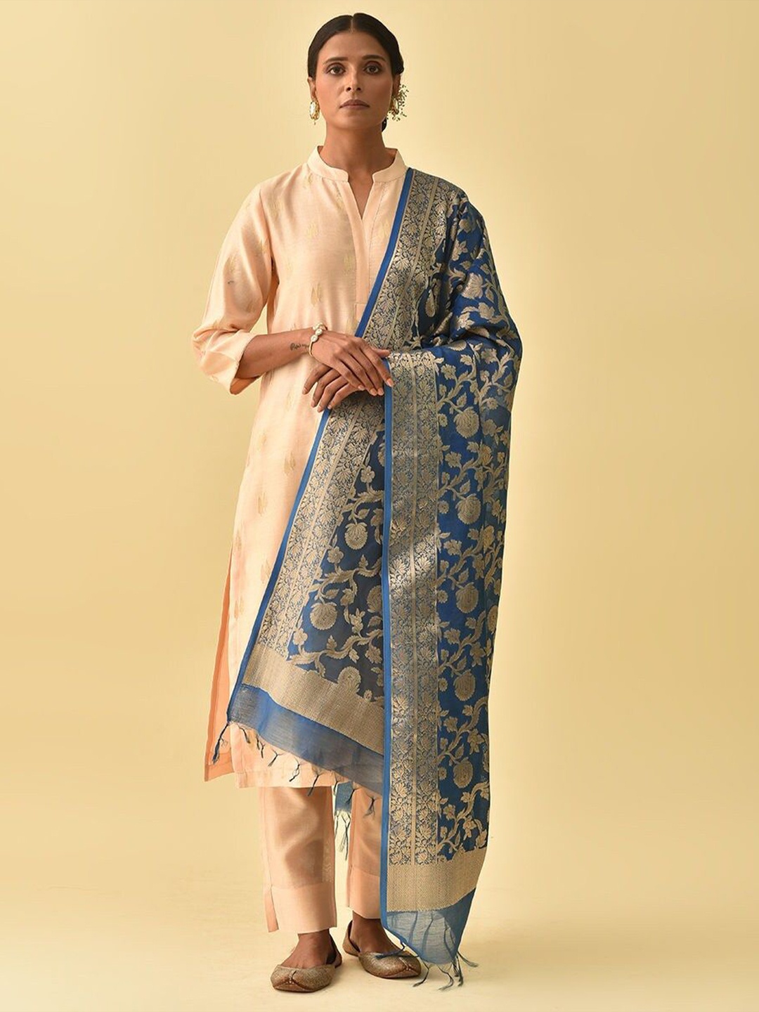 

JAYPORE Woven Design Cotton Silk Dupatta with Zari, Blue