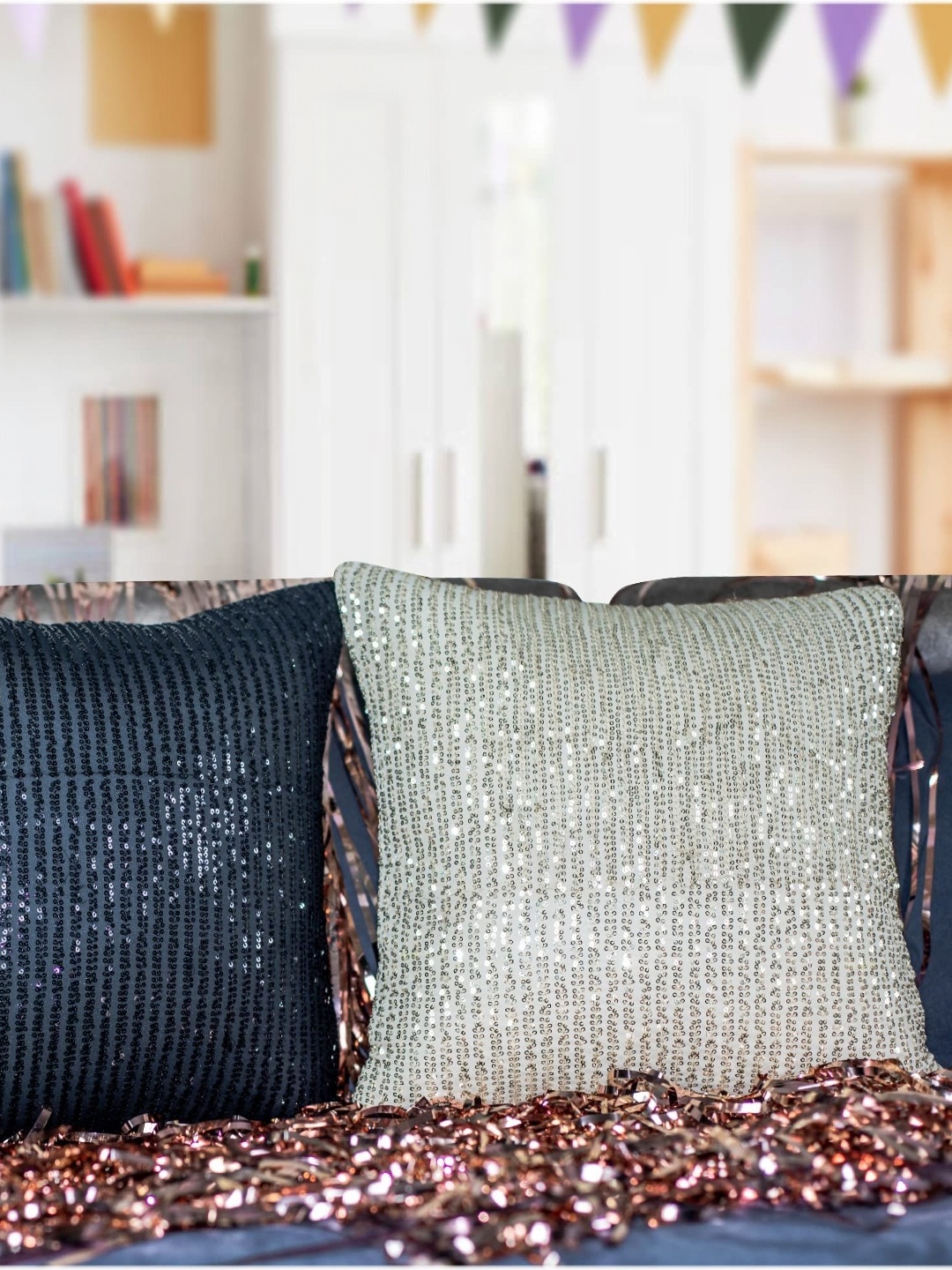

Vendola Silver-Toned & Black 2 Pieces Striped Square Cushion Covers