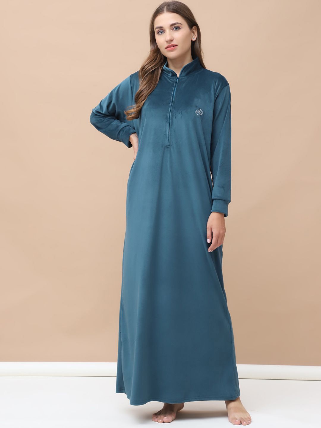 

Secret Wish Solid Velvet Winter Nightdress, Teal