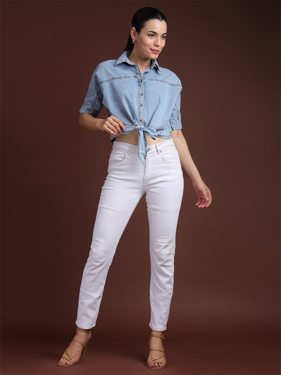 

Fashion Gaiia Women Comfort Spread Collar Solid Denim Party Shirt, Blue
