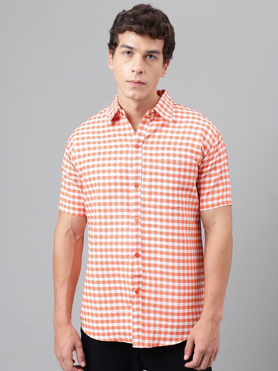 

KLOSET BY RIAG Men Classic Spread Collar Micro Checked Cotton Casual Shirt, Orange