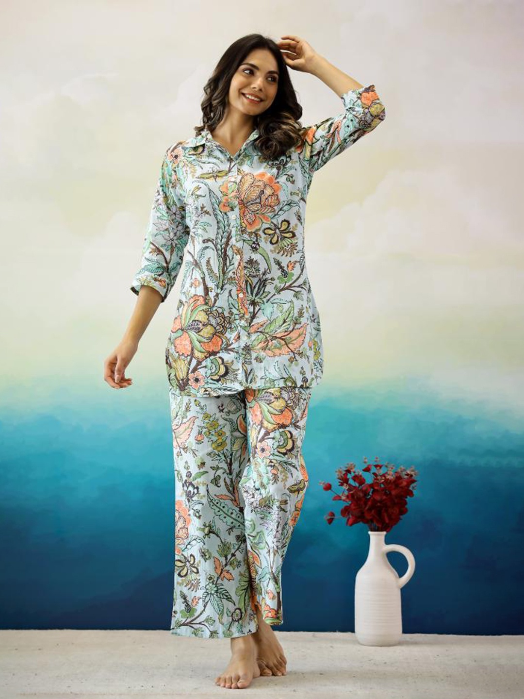 

FLAVIA CREATION Floral Printed Pure Cotton Shirt With Pyjamas, Blue